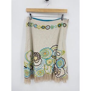 Basil & Maude Floral Beaded Linen Skirt Womens 10 Cream Boho Embellished Midi